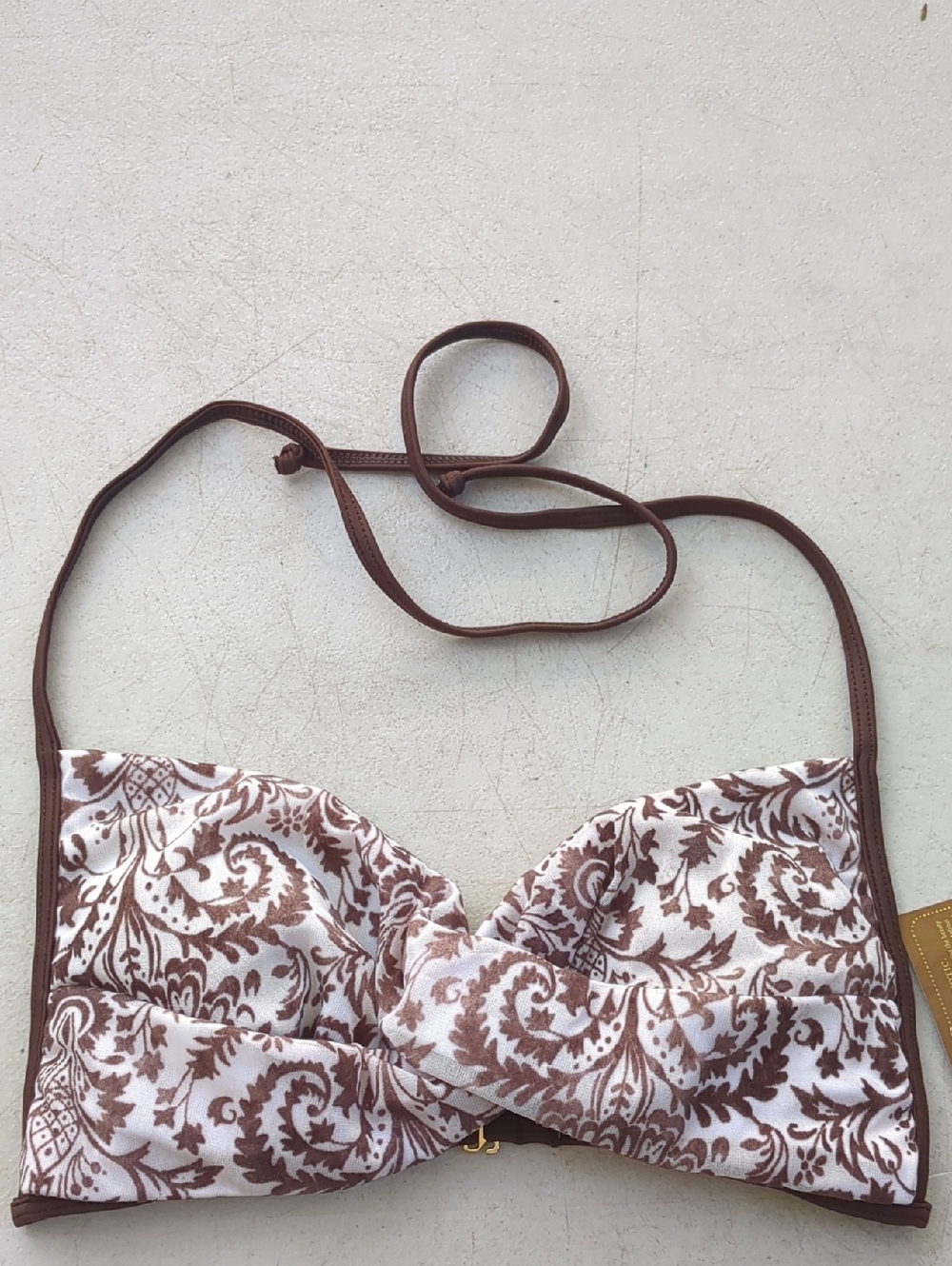 Nicolita Brown and White Paisley Twist Bandeau Bikini Top